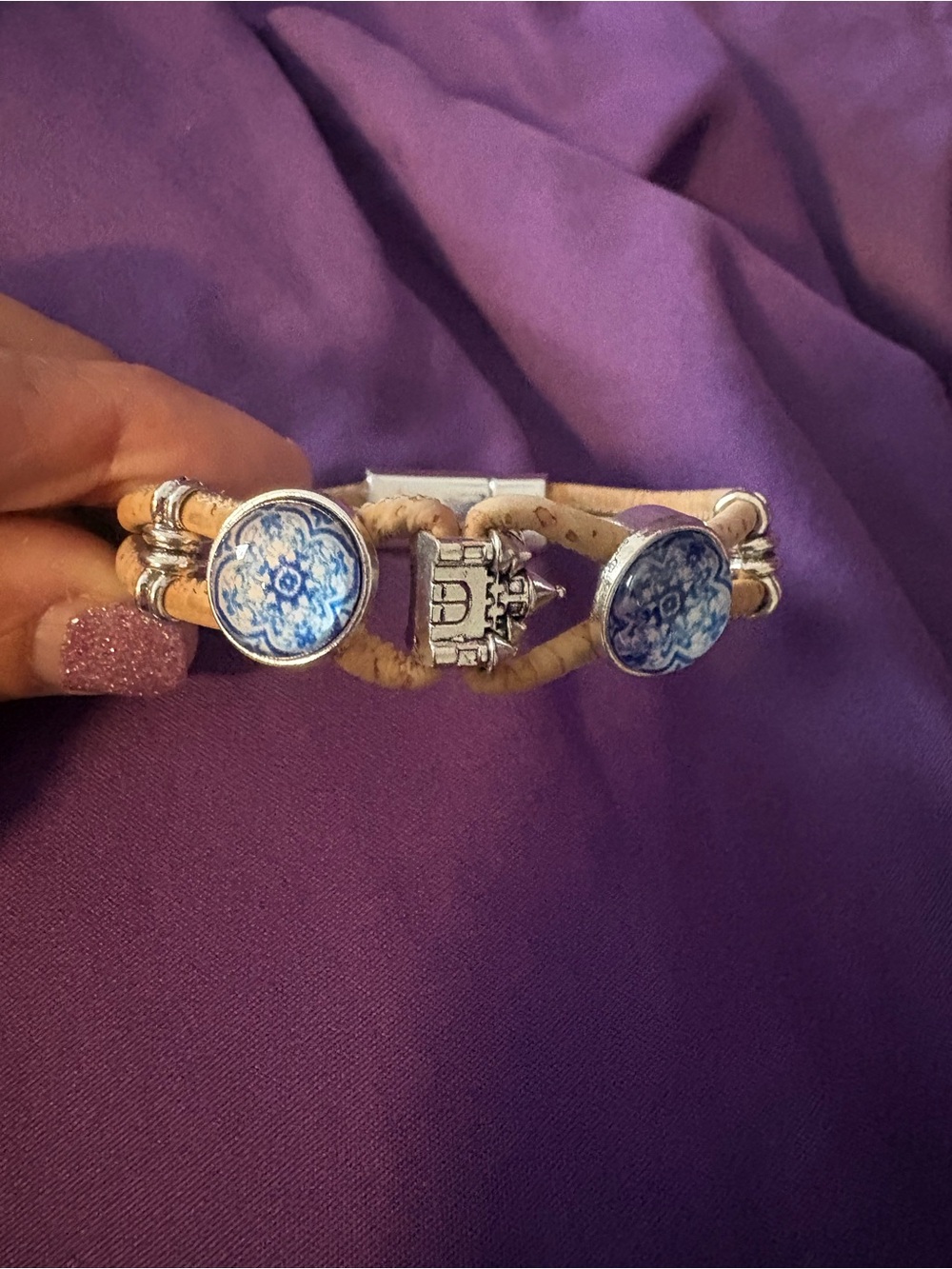 Hand Crafted Blue and Natural Cork Ceramic Tile Bracelet from Portugal